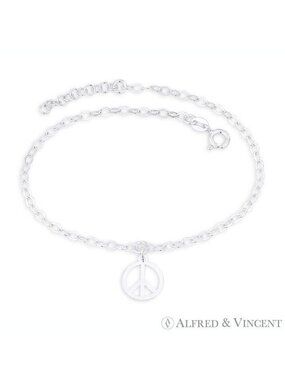 Peace Sign Charm & 2.5mm Cable Link Italy .925 Sterling Silver Chain Anklet - 9"